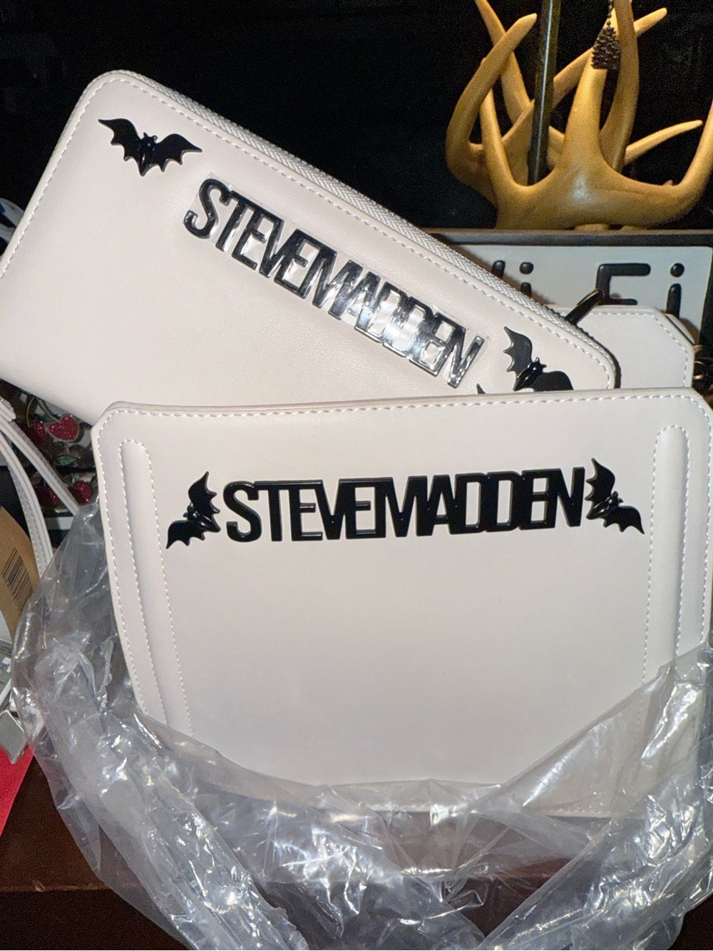 Steve Madden Halloween White Black Bat Satchel Crossbody bag purse wallet wrist